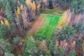 Aerial drone view of football soccer pitch field, green grass fall autumn vibrant pitch playground with fallen multicolored leaves