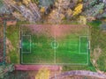 Aerial drone view of football soccer pitch field, green grass fall autumn vibrant pitch playground with fallen multicolored leaves