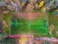 Aerial drone view of football soccer pitch field, green grass fall autumn vibrant pitch playground with fallen multicolored leaves