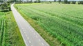 Aerial drone view of green fields and farm houses near canal, typical Dutch landscape, Holland, Netherlands Royalty Free Stock Photo