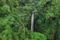 Aerial drone view hidden waterfall in jungle rainforest. Wild untouched nature