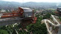 Aerial drone view on highway bridge road under construction. Construction of the viaduct on the modern new road. Royalty Free Stock Photo