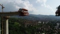 Aerial drone view on highway bridge road under construction. Construction of the viaduct on the modern new road. Royalty Free Stock Photo