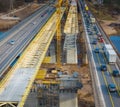 Aerial drone view of highway road construction site. Building new bridges Royalty Free Stock Photo