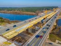 Aerial drone view of highway road construction site. Building new bridges Royalty Free Stock Photo