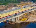 Aerial drone view of highway road construction site. Building new bridges Royalty Free Stock Photo