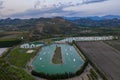 Aerial drone view Hip-notics cable park wake park in Antalya Turkey. Wakeboarding in Turkey Royalty Free Stock Photo