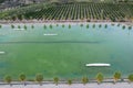 Aerial drone view Hip-notics cable park wake park in Antalya Turkey. Wakeboarding in Turkey Royalty Free Stock Photo