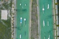 Aerial drone view Hip-notics cable park wake park in Antalya Turkey. Wakeboarding in Turkey Royalty Free Stock Photo