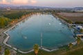 Aerial drone view Hip-notics cable park wake park in Antalya Turkey. Wakeboarding in Turkey Royalty Free Stock Photo