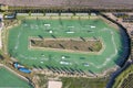 Aerial drone view Hip-notics cable park wake park in Antalya Turkey. Wakeboarding in Turkey Royalty Free Stock Photo