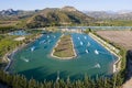 Aerial drone view Hip-notics cable park wake park in Antalya Turkey. Wakeboarding in Turkey. Royalty Free Stock Photo