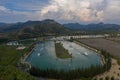 Aerial drone view Hip-notics cable park wake park in Antalya Turkey. Wakeboarding in Turkey Royalty Free Stock Photo