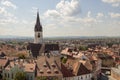 Aerial drone view of the Historic Center of Sibiu, Romania. Lutheran Cathedral, old buildings, narrow streets