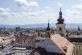 Aerial drone view of the Historic Center of Sibiu, Romania. Lutheran Cathedral, old buildings, narrow streets