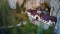 Aerial drone view of The Ialomitei Cave in Romania Royalty Free Stock Photo