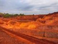 Aerial drone view of iron mine in India excavation workin iron ore mine in Asia