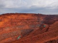 Aerial drone view of iron mine in India excavation workin iron ore mine in Asia