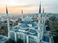Aerial drone view of The Blue Mosque in Istanbul at sunset, Turkey Royalty Free Stock Photo