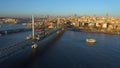 Aerial drone view of the Istanbul, Turkie. Bosphorus Halic bay. Sunny day. Fly over the bridges.