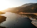Aerial Drone View of Kas Marina Dock Pier with Small Boats and Yachts in Antalya Turkey. Royalty Free Stock Photo