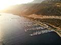 Aerial Drone View of Kas Marina Dock Pier with Small Boats and Yachts in Antalya Turkey. Royalty Free Stock Photo