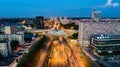 Aerial drone view on Katowice centre and roundabout at night. Royalty Free Stock Photo
