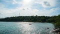 Aerial drone view of in kayak in crystal clear lagoon sea water during summer day near Koh Samed island in Thailand. Travel Royalty Free Stock Photo