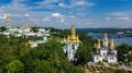 Aerial drone view of Kiev Pechersk Lavra churches on hills from above, cityscape of Kyiv city, Ukraine Royalty Free Stock Photo