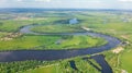 Aerial drone view of Kyiv cityscape, Dnieper and Dniester river, green island from above, Kiev city skyline and parks, Ukraine