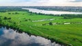 Aerial drone view of Kyiv cityscape, Dnieper and Dniester river, green island from above, Kiev city skyline and parks, Ukraine