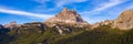 Aerial drone view of Lake Antorno (Lago di Antorno) located in Dolomites area, Belluno Province, Italy. Lake Antorno, Three Peaks Royalty Free Stock Photo