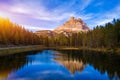 Aerial drone view of Lake Antorno (Lago di Antorno) located in Dolomites area, Belluno Province, Italy. Lake Antorno, Three Peaks Royalty Free Stock Photo