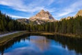 Aerial drone view of Lake Antorno Lago di Antorno located in Dolomites area, Belluno Province, Italy. Lake Antorno, Three Peaks Royalty Free Stock Photo