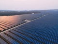 Aerial drone view into large solar panels at a solar farm at bright sunset. Solar cell power plants