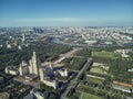 Aerial drone view of Lomonosov Moscow State University MGU, MSU on Sparrow Hills, Moscow, Russia. Beautiful park area