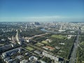 Aerial drone view of Lomonosov Moscow State University MGU, MSU on Sparrow Hills, Moscow, Russia. Beautiful park area