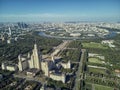 Aerial drone view of Lomonosov Moscow State University MGU, MSU on Sparrow Hills, Moscow, Russia. Beautiful park area