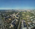 Aerial drone view of Lomonosov Moscow State University MGU, MSU on Sparrow Hills, Moscow, Russia. Beautiful park area