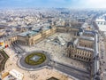 Aerial drone view of the Louvre palace and museum, one of the most iconic places in Paris, France