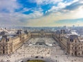 Aerial drone view of the Louvre palace and museum, one of the most iconic places in Paris, France