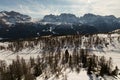 Aerial drone view of Madonna di Campiglio Trentino and ursus snowpark in Val Rendena dolomites Italy in winter Royalty Free Stock Photo