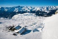 Aerial drone view of Madonna di Campiglio and ursus snowpark in dolomites trentino Italy
