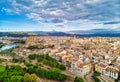 Aerial drone view Majorca cityscape, famous Cathedral of Palma de Mallorca or Le Seu. Cloudy moody sky, mountain valley. Balearic