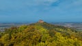 Aerial drone view of medieval Hohenzollern castle on top of hill in autumn, Baden-Wurttemberg, Germany. Royalty Free Stock Photo