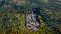 Aerial drone view of medieval Hohenzollern castle on top of hill in autumn, Baden-Wurttemberg, Germany. Royalty Free Stock Photo