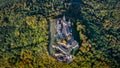 Aerial drone view of medieval Hohenzollern castle on top of hill in autumn, Baden-Wurttemberg, Germany. Royalty Free Stock Photo