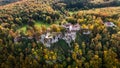 Aerial drone view medieval Lichtenstein castle on mountain, autumn Baden-Wurttemberg, Germany.