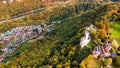 Aerial drone view medieval Lichtenstein castle on mountain, autumn Baden-Wurttemberg, Germany.