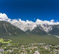 Aerial drone view of mieming mountain range in Obermieming valley village in Tyrol Austria Royalty Free Stock Photo
